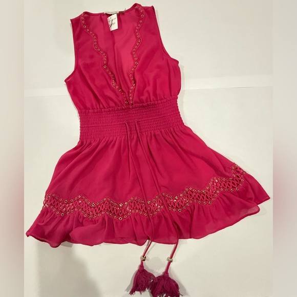 New! Ramy Brook Vibrant Pink Designer Mini Dress with Gold AccentsSize- XS